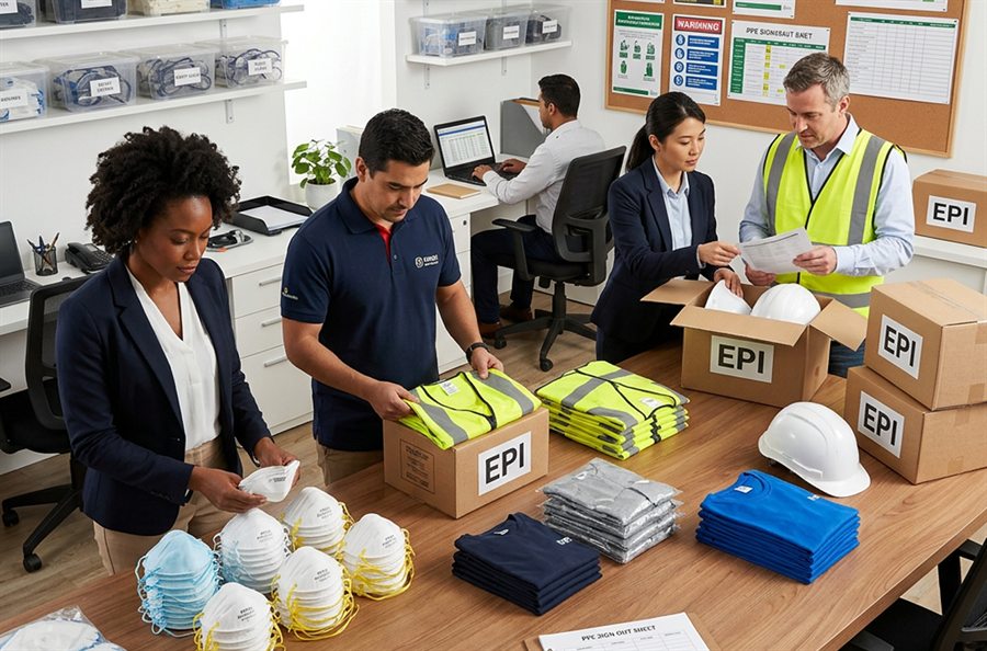 Equipe SESMT da Evolue organizando EPIs e documentação